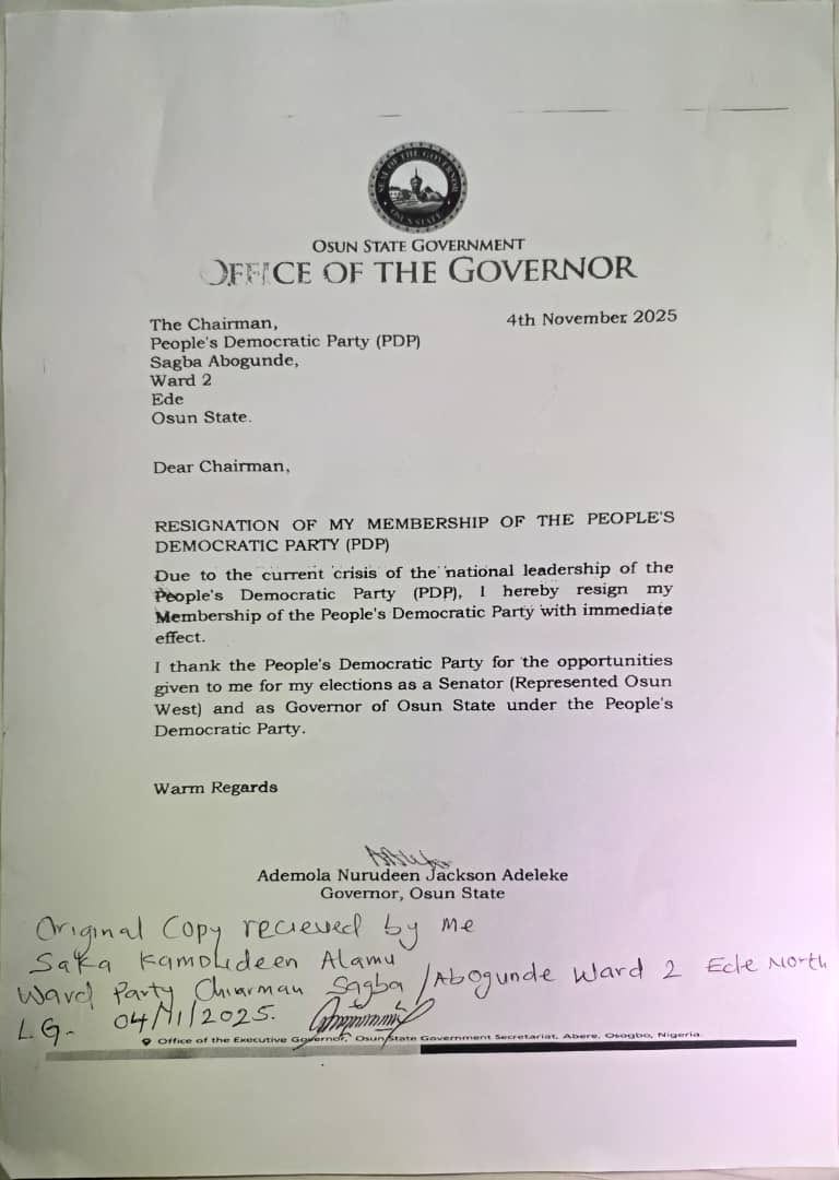 Ademola Adeleke PDP resignation letter photo