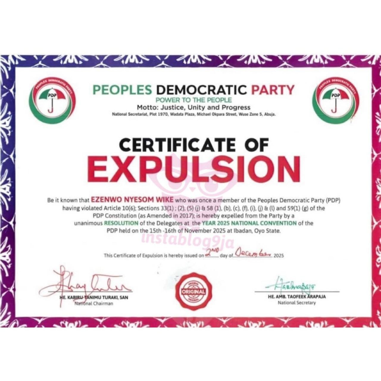 PDP expels Wike and Fayose expulsion certificate